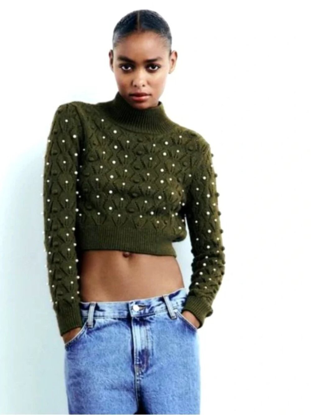 Zara Knit Open Back Sweater with Pearls Size S